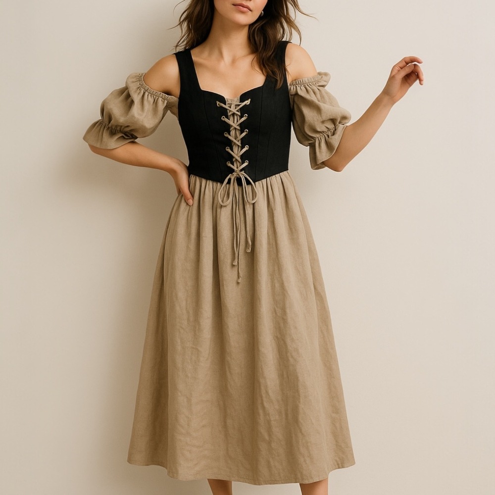 Elegant Black and Tan Midi Dress